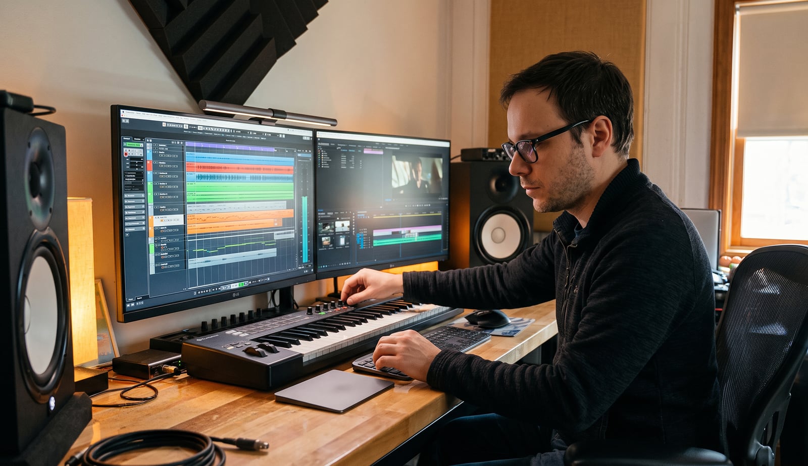 Carlos Ferrer at the post desk scoring to picture – the music session open on one monitor and the edit beside it
