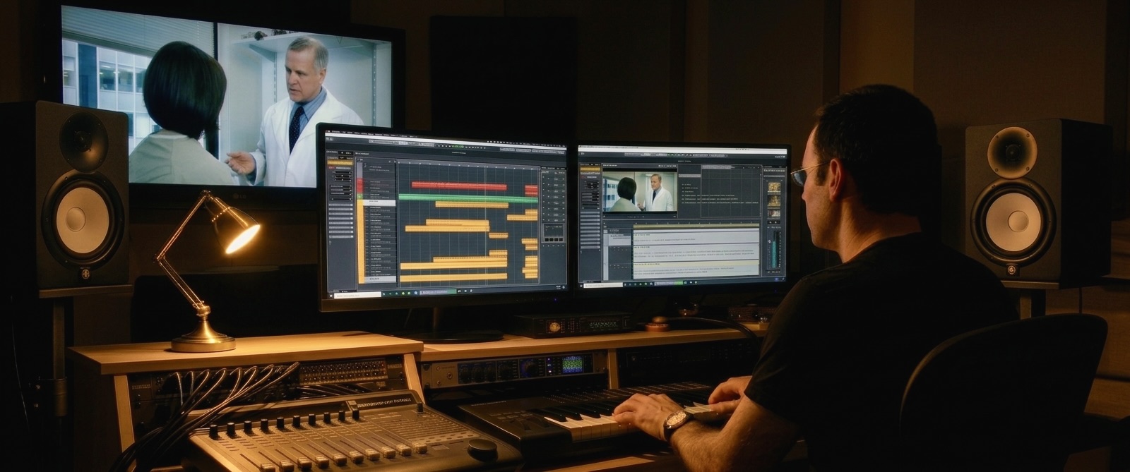 Carlos Ferrer at the post desk scoring to picture – the scene on the reference monitor is the same scene open in the music session and the edit beside it